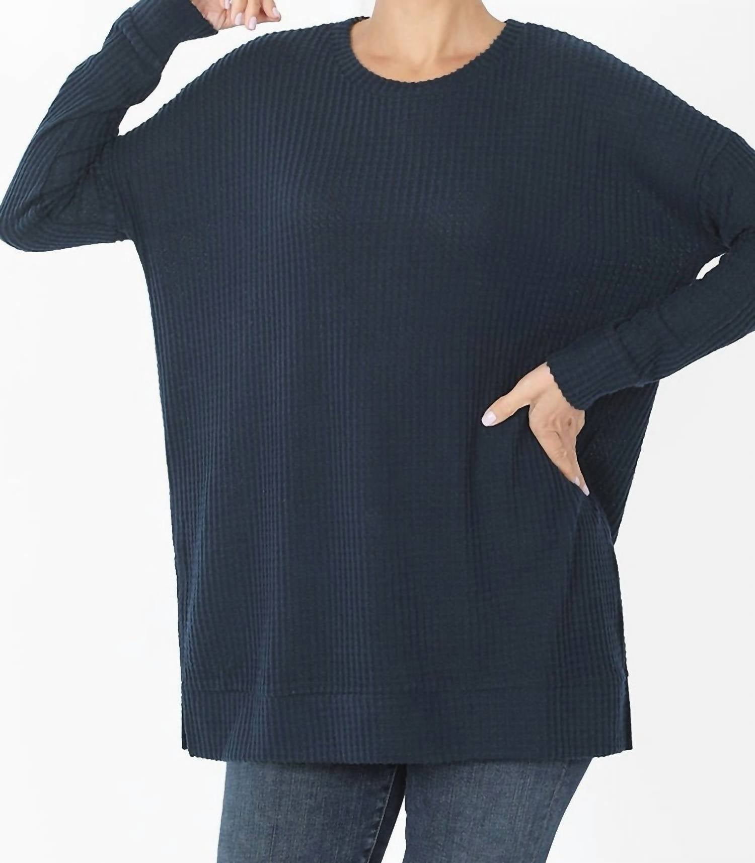 Zenana - Women's Brushed Thermal Waffle Round Neck Sweater