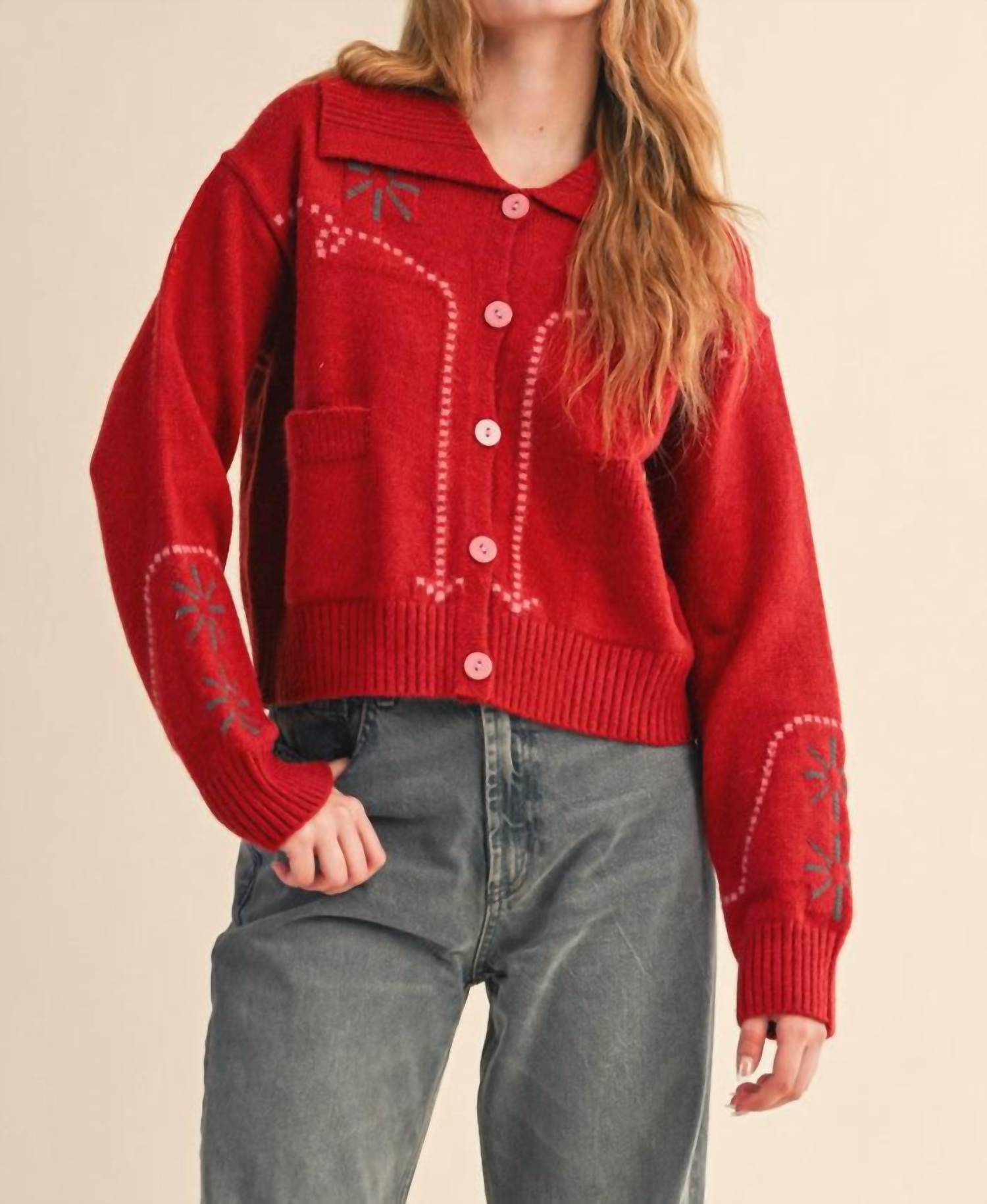 &merci Cozy Cherry Knit Sweater Cardigan in red - women's cardigan