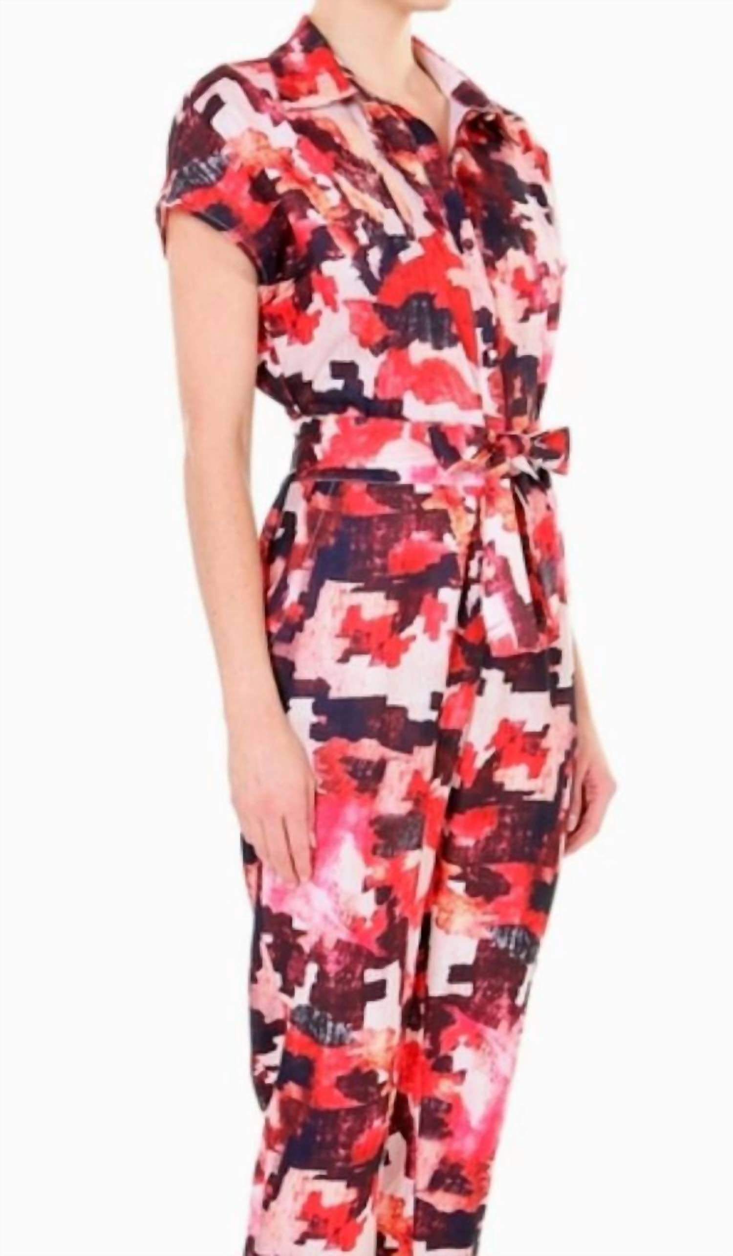 BEULAHSTYLE Front Button Down Printed Jumpsuit in red - women's pants - view 5