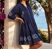 Karen Kane - Blouson Sleeve Embroidered Lace Trim Tiered Dress