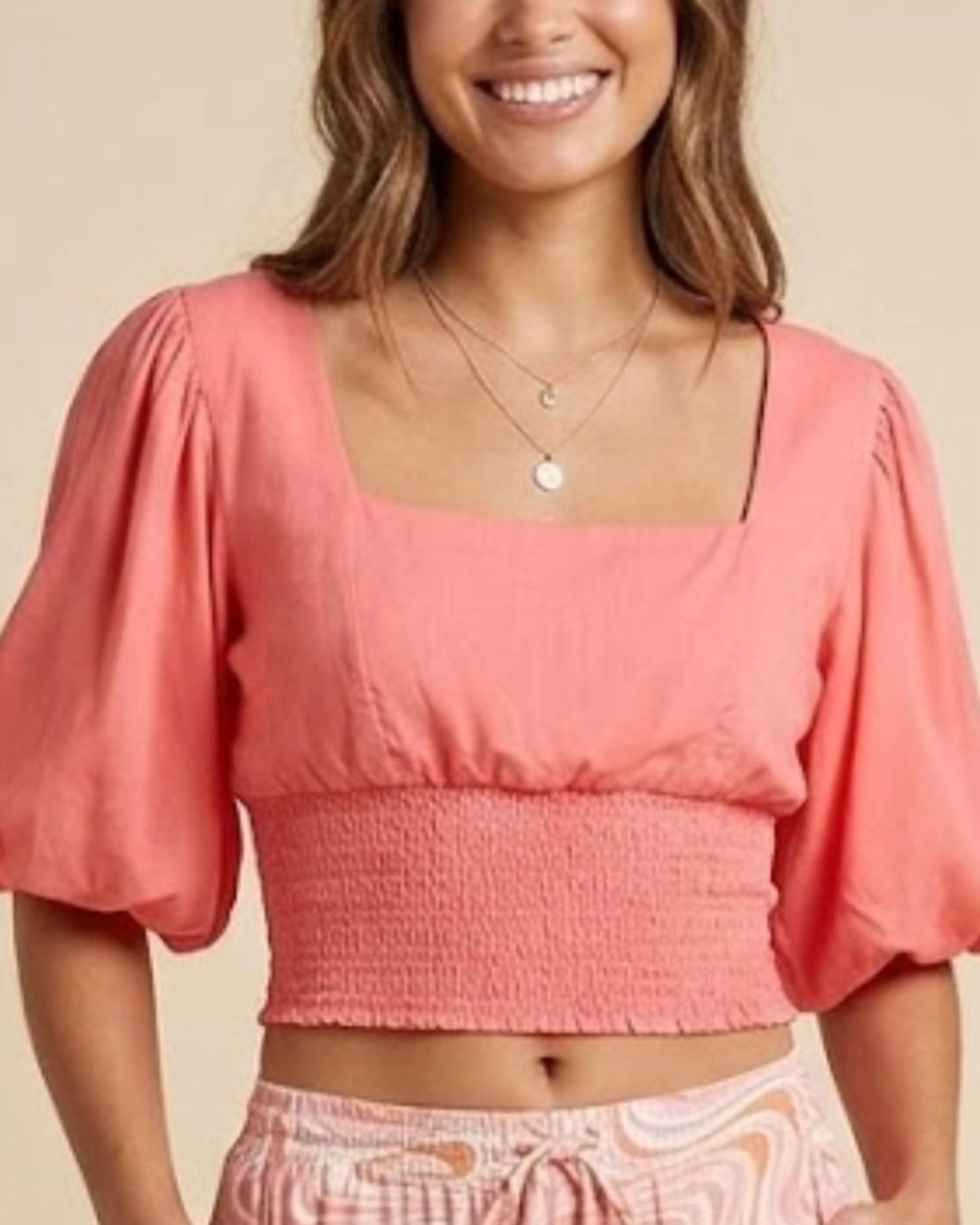 SKEMO Watermelon Puff Sleeve Top in coral - women's shirt