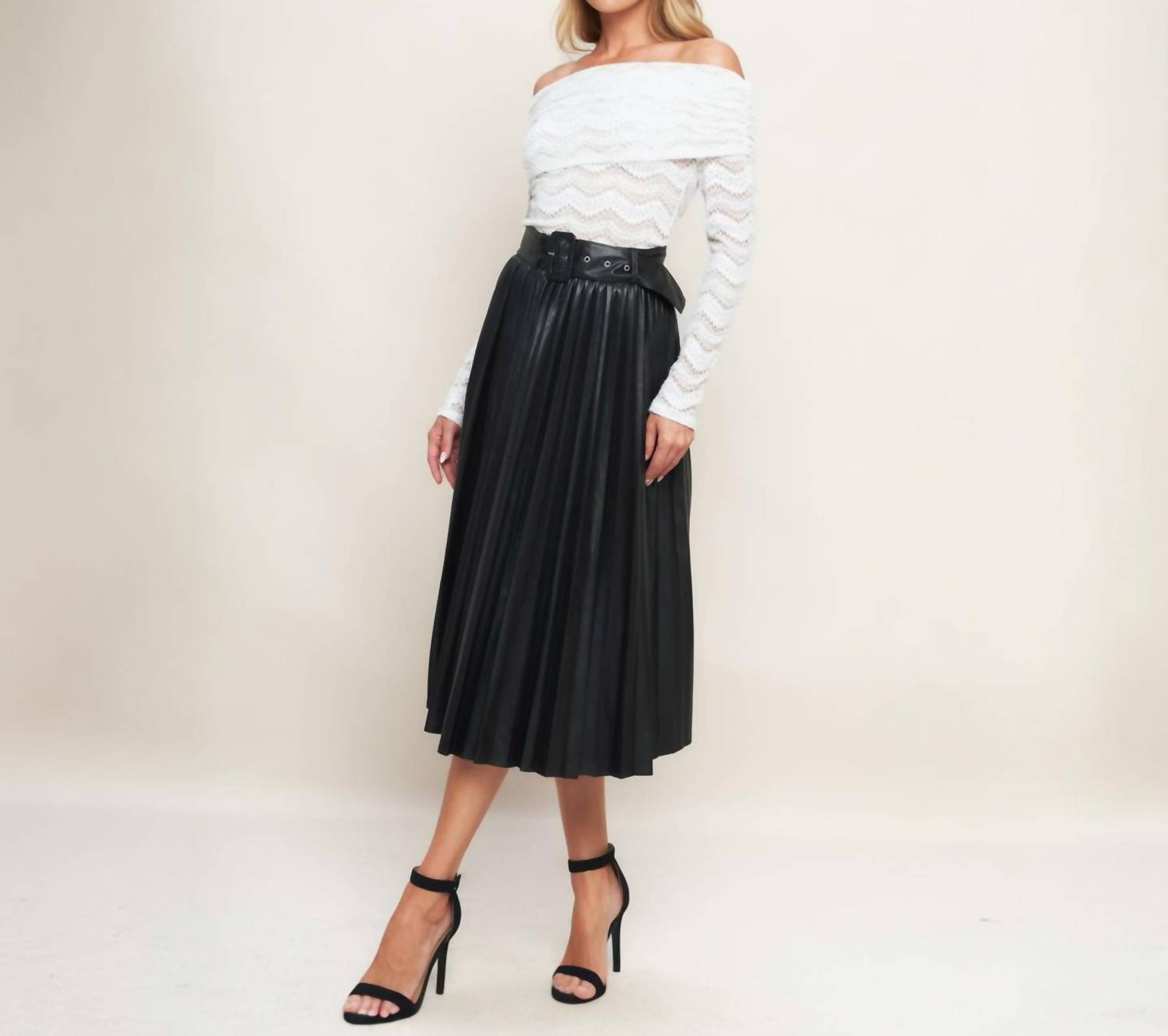 FLYING TOMATO Faux Leather Pleated Skirt in black - women's skirt - view 5