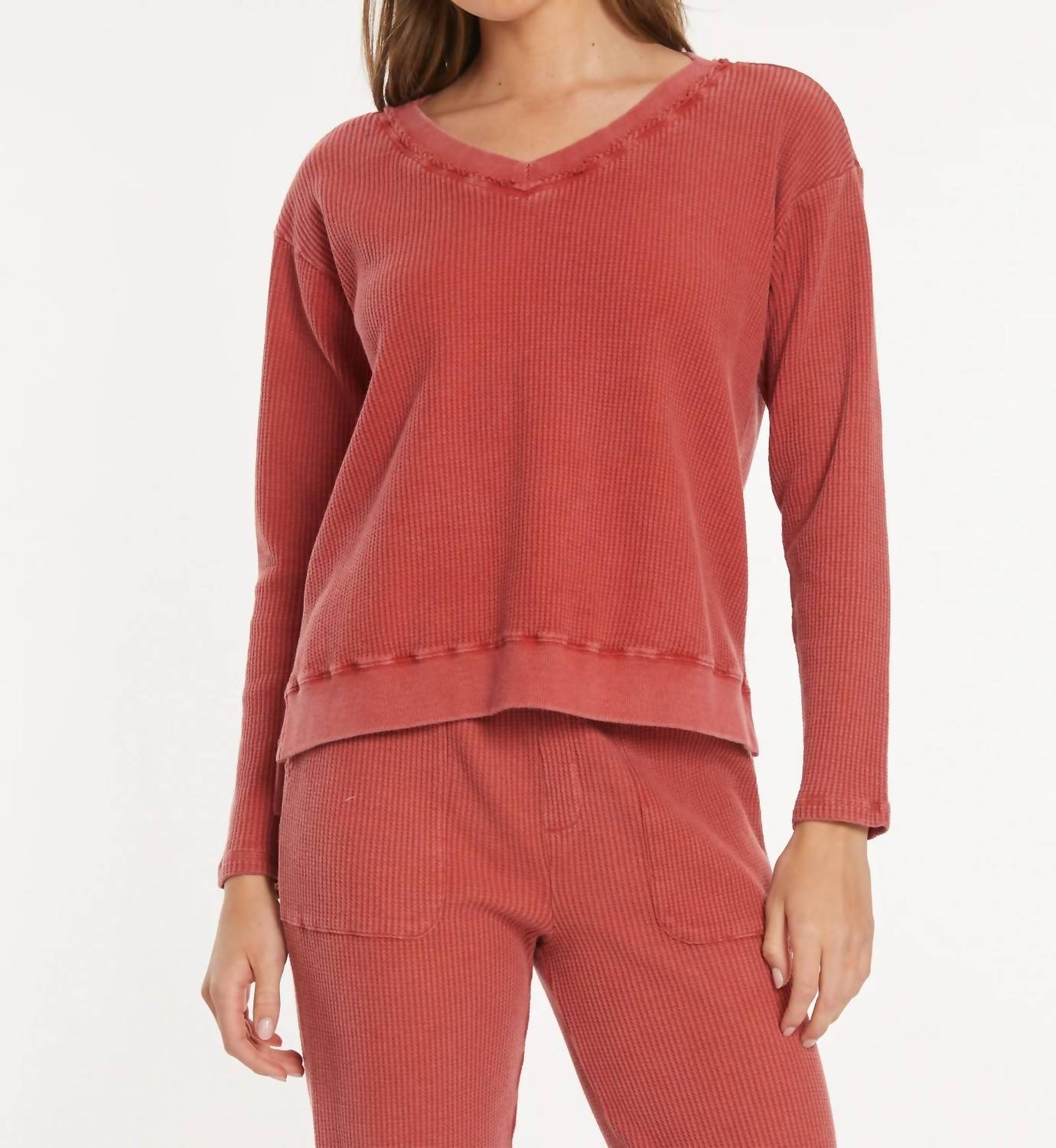 Mododoc - Open V-neck Waffle Top