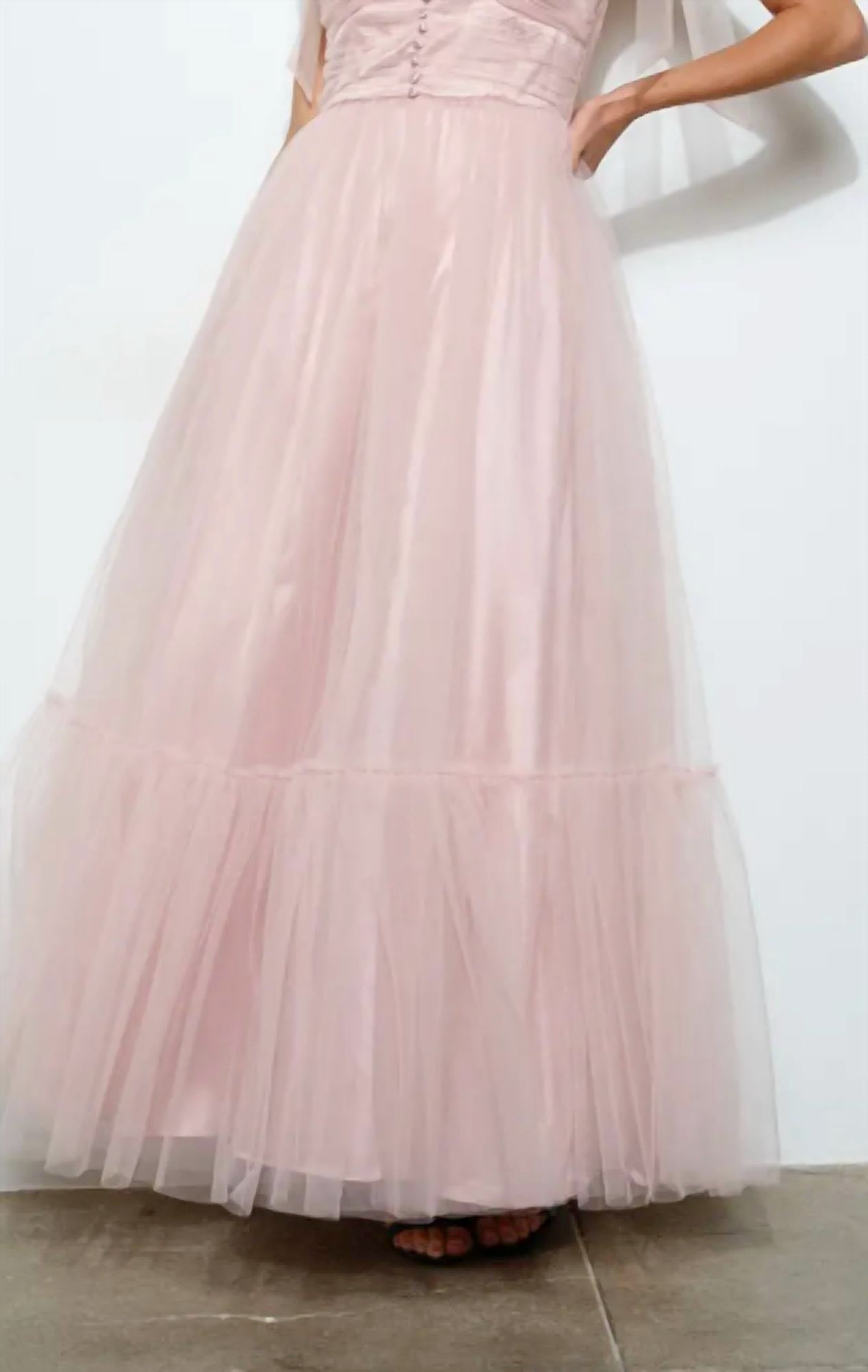 Ina Fashion - Bow Tie Straps And Lace Up Back Tulle Maxi Dress