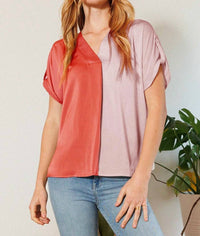 Oddi - V- Neck Color Block Satin Blouse