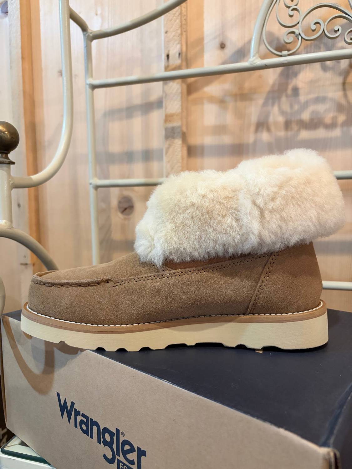 Wrangler Women's Fur Wedge Bootie in moc toe - women's shoe - detail view