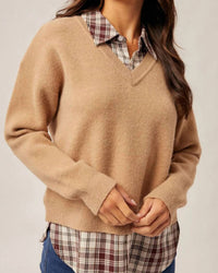Hem & Thread Plaid Contrast Mixed V-neck Sweater in burgundy plaid tan - women's sweater - alternate view