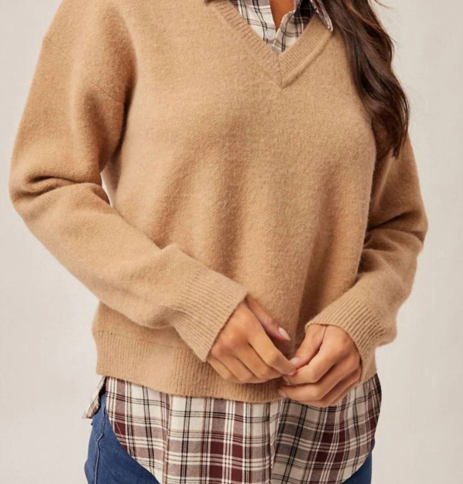 Hem & Thread Plaid Contrast Mixed V-neck Sweater in burgundy plaid tan - women's sweater - detail view