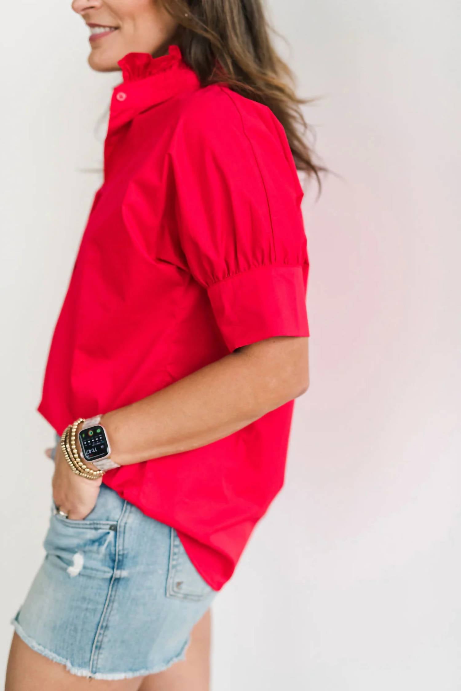 Heidi Houston Women's Short Sleeve Ruffle Shirt in red - women's shirt - detail view