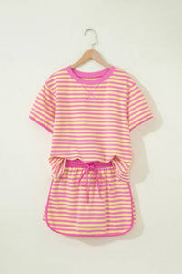 Shewin - Stripe Short Sleeve Top And Skirt Set