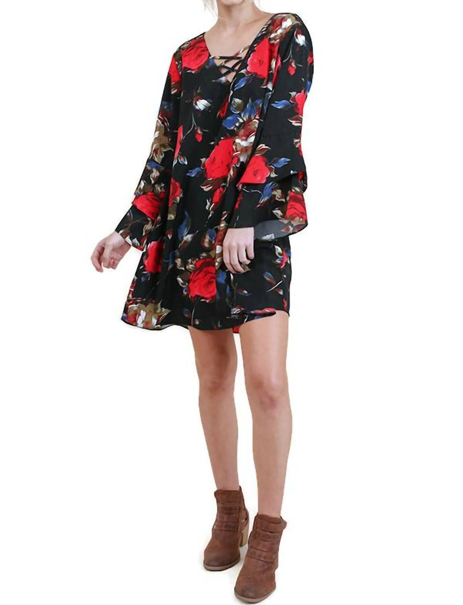 Umgee - Criss Cross Layered Ruffle Sleeve Floral Dress