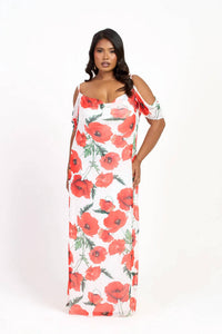 Fashion Szn Curve - Cold Shoulder Poppy Print Strappy Dress - Plus