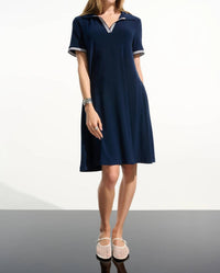 Joseph Ribkoff Silky Knit Trapeze Dress with Polo Collar in indigo - women's dress