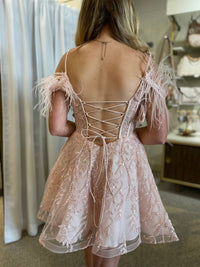Sherri Hill - Sheer Corset Top Feathered Sleeves Short Gown