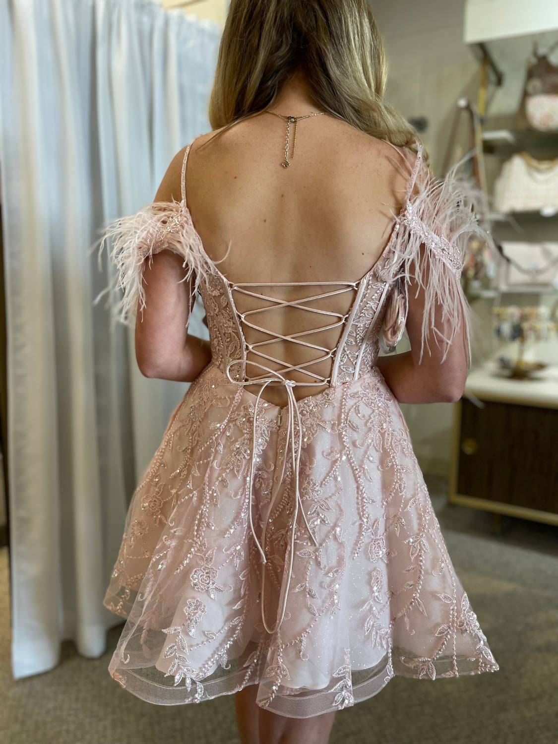 Sherri Hill - Sheer Corset Top Feathered Sleeves Short Gown