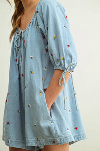 Miou Muse - EMBROIDERED DENIM ROMPER
