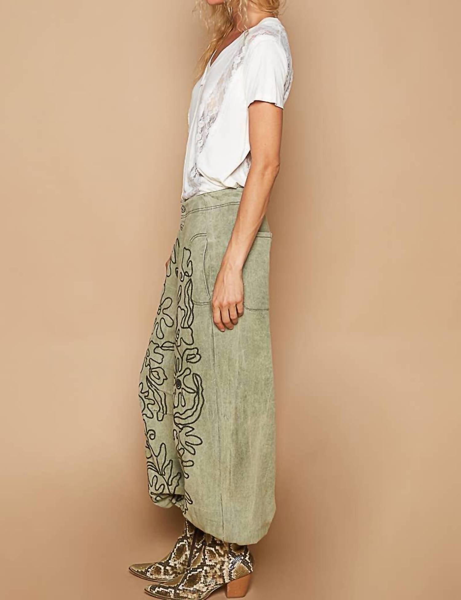Pol - Floral Embroidered Twill Pants
