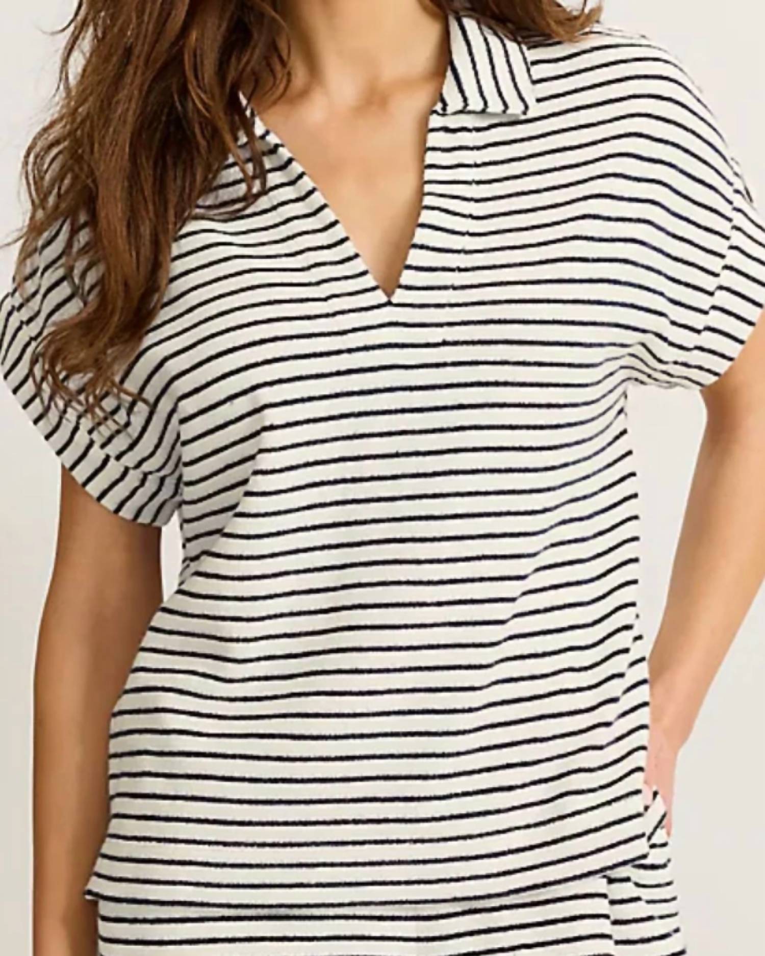 TOMMY BAHAMA Suncoast Loop Terry Polo in coconut stripe - women's t-shirt - detail view