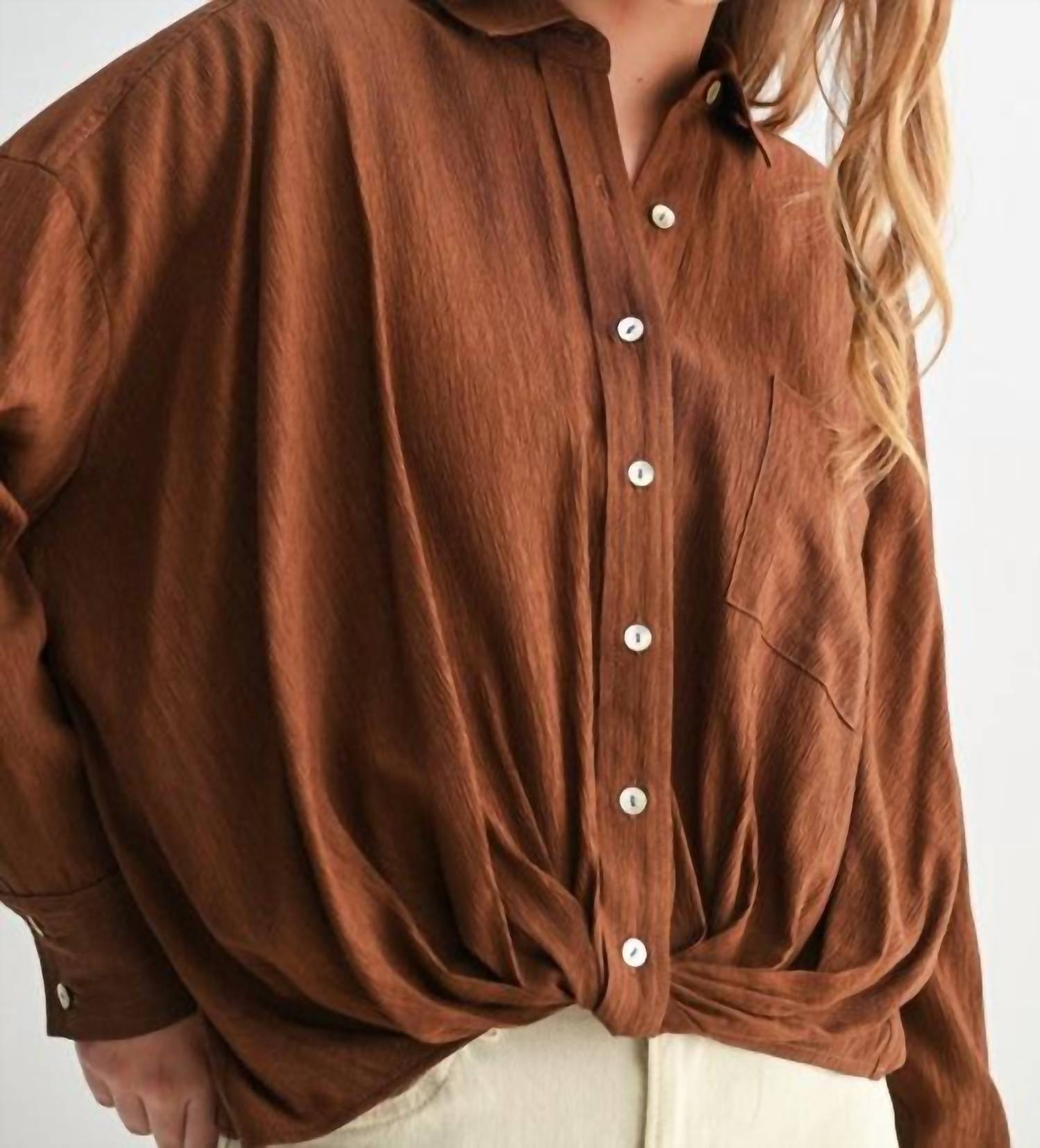 Fun 2 Fun Twist Hem Button Down Blouse in brown - women's blouse - view 5
