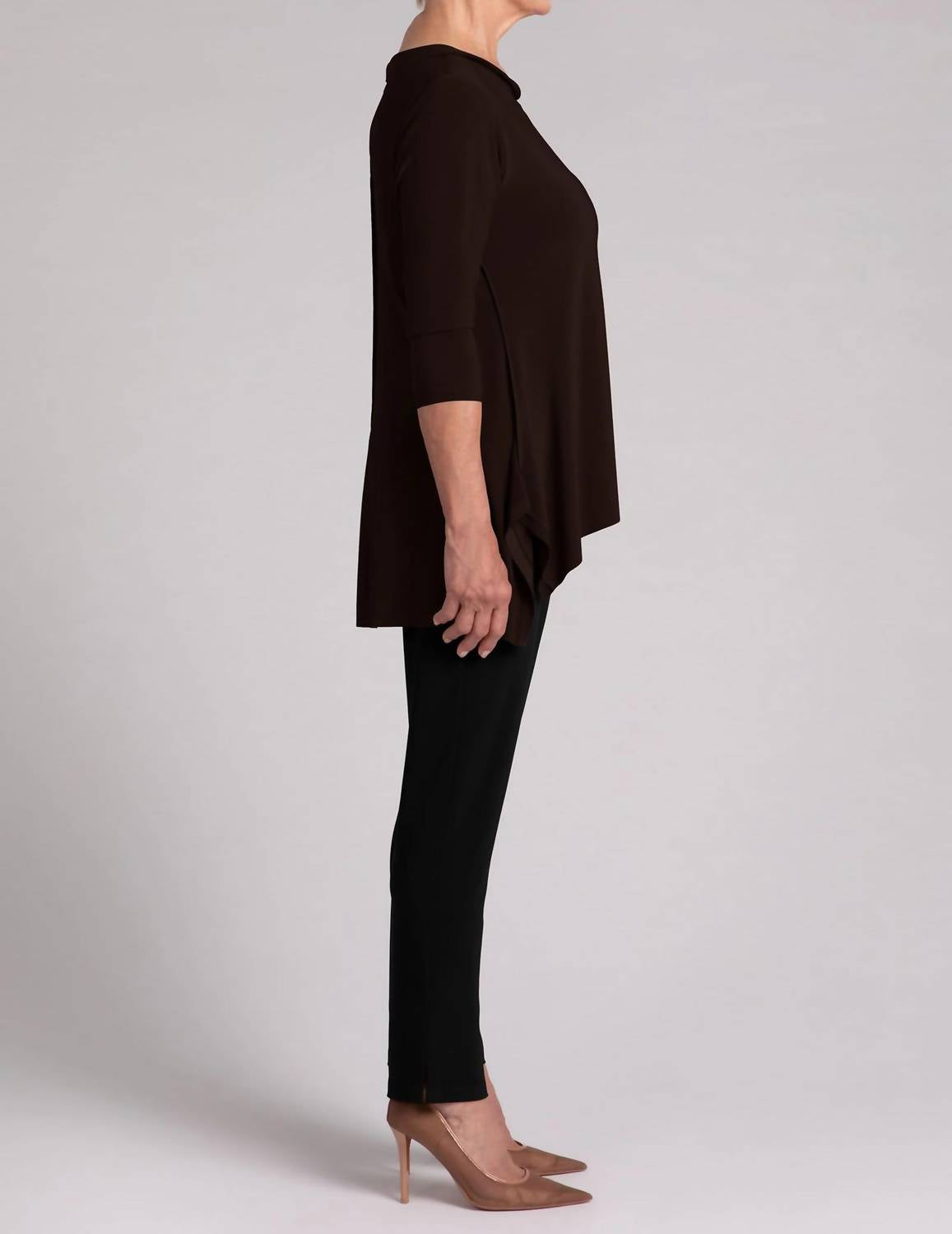Sympli Flounce top with wide funnel collar in chocolate - women's long sleeve top - view 11