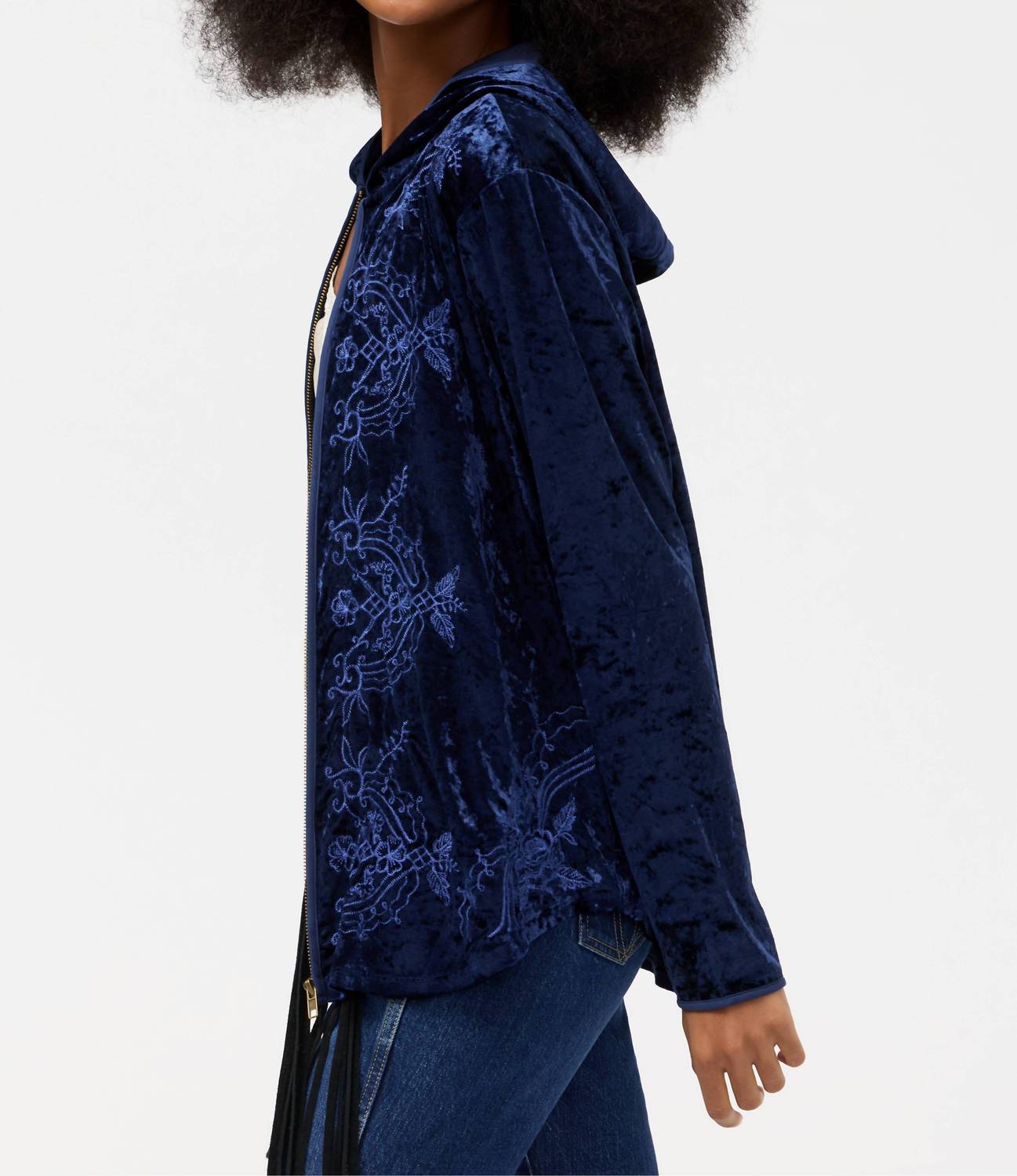 Johnny Was - CARMEL CRUSHED VELVET ZIPUP HOODIE