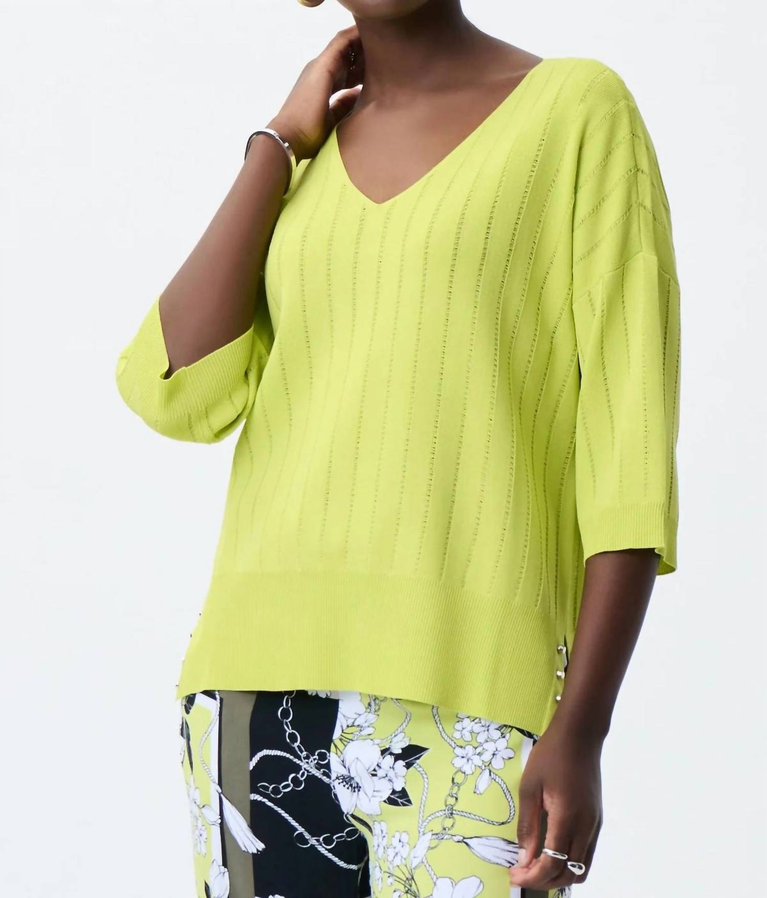 Joseph Ribkoff Lydia Three Quarter Sleeve Top in lime - women's t-shirt - detail view