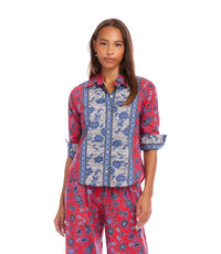Karen Kane - Ruched Sleeve Border Print Shirt - Petite