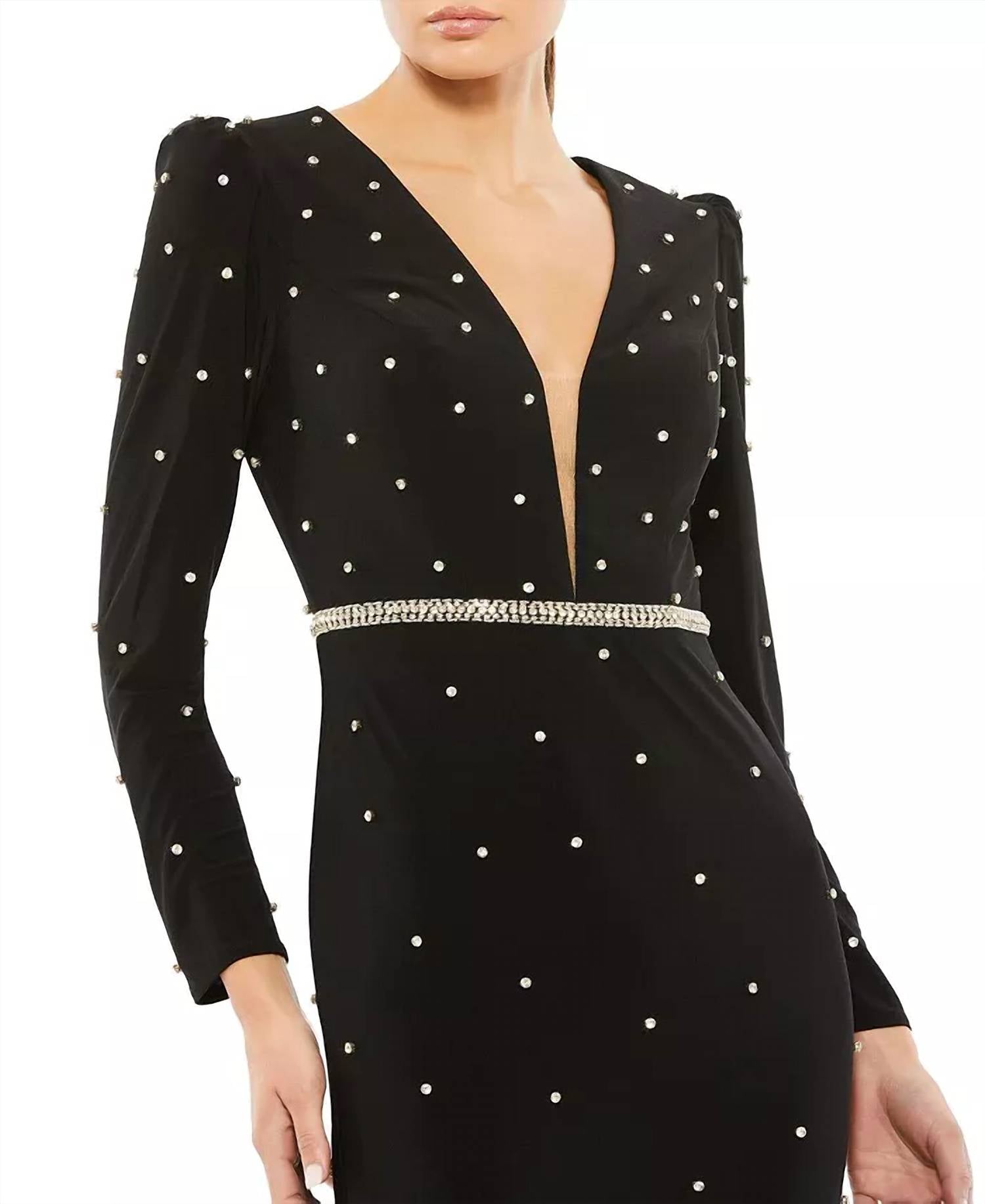 Mac Duggal - Belted Jewel Encrusted Plunge Neck Long Sleeve Gown