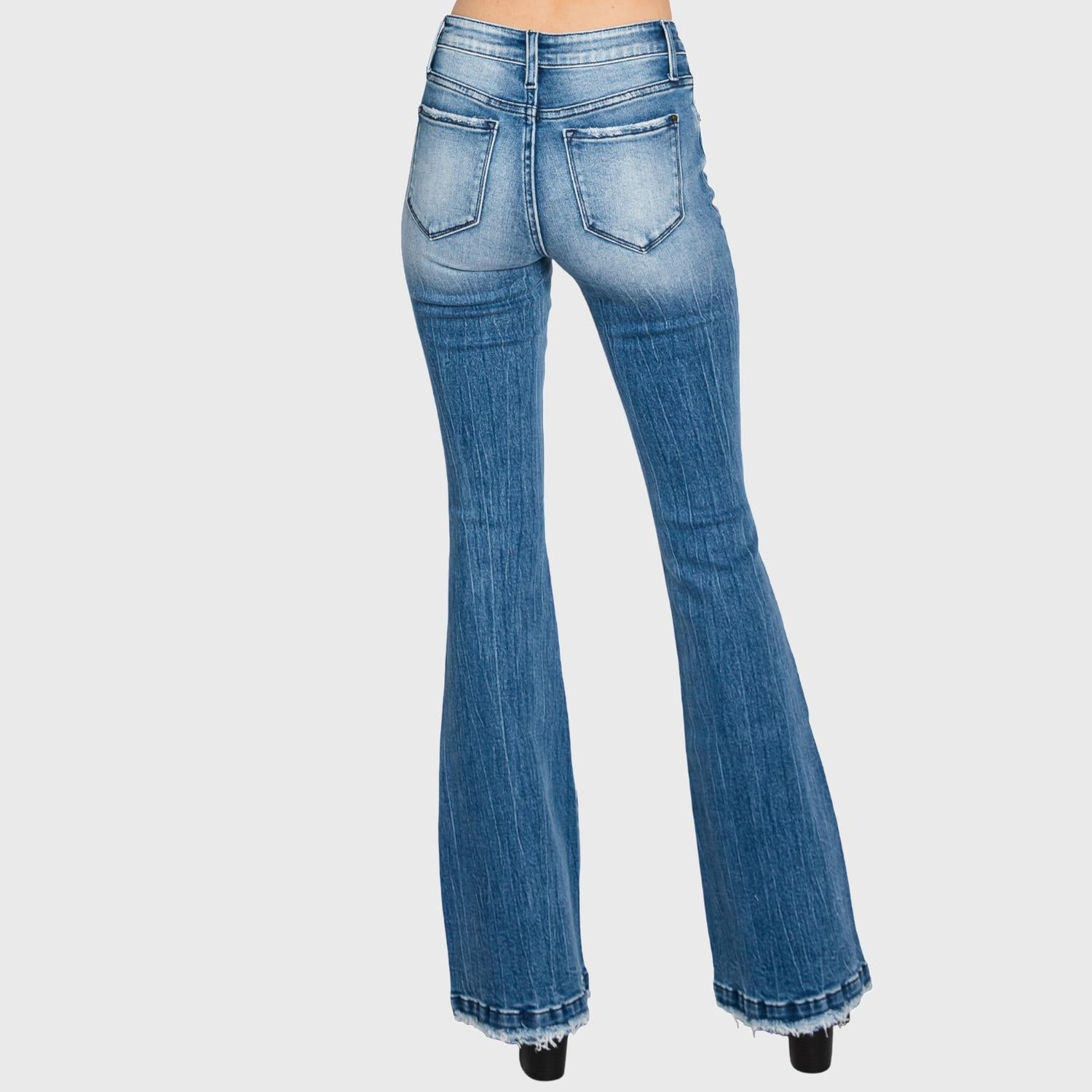 Petra153 Distressed Mid Rise Flare Jeans in piper - women's jeans - detail view