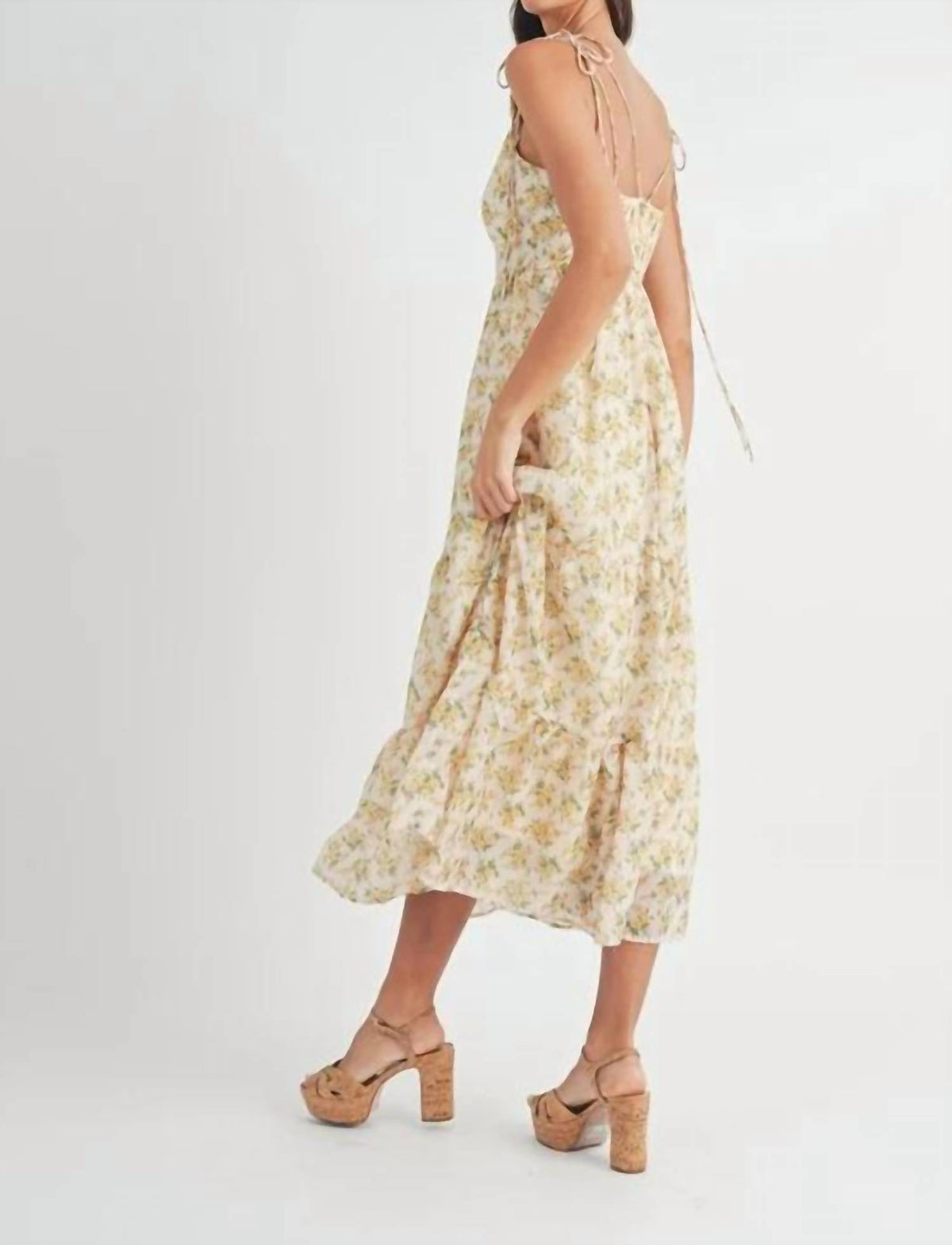 Mable - Floral Print Double Self Tie Tiered Midi Dress