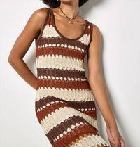 Apricot - Boho Striped Crochet Midi Dress