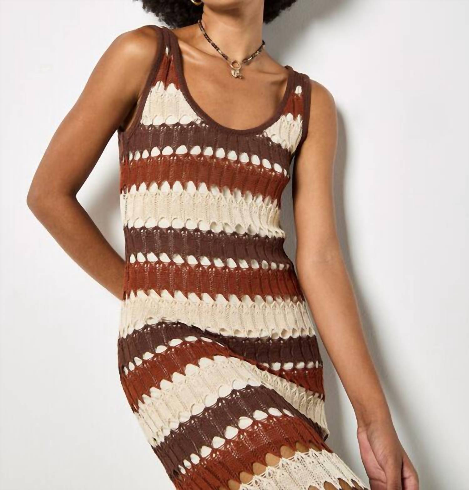 Apricot - Boho Striped Crochet Midi Dress