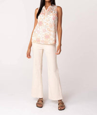 Lovestitch - Sheer Floral Button Front Ruffle Neck Tank Top