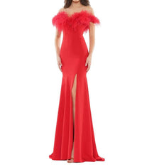 Colors Dress - Feather Trimmed High Slit Gown