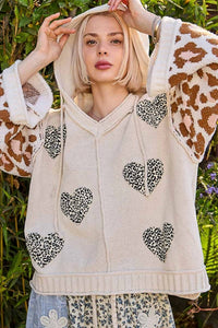 Pol - Long Animal Print Sleeve Heart Leopard Patch Sweater