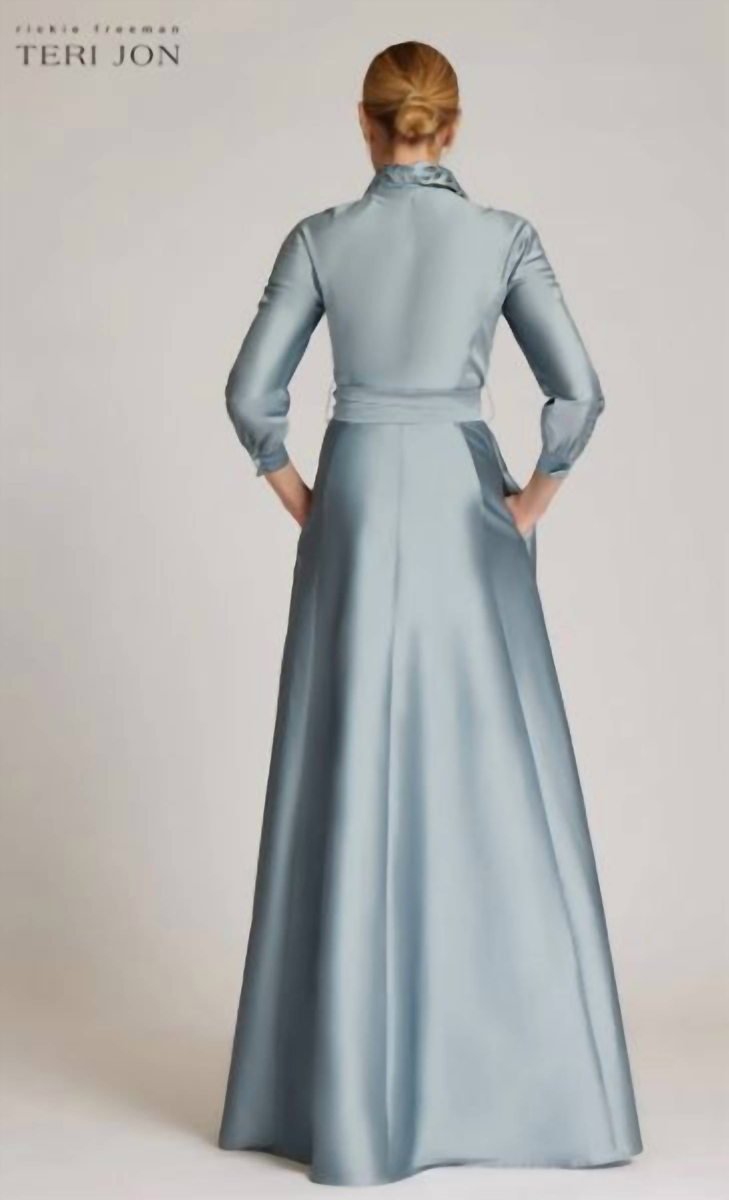 Teri Jon - Taffeta Shirt Dress Gown with Eyelet Sleeve & Collar