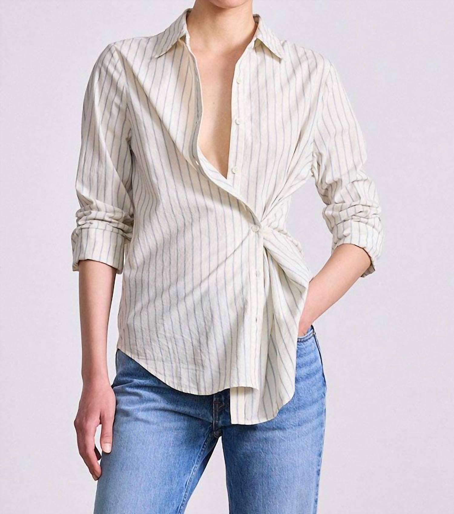 APIECE APART Sodi Wrap Button Up in pina stripes cream navy - women's blouse