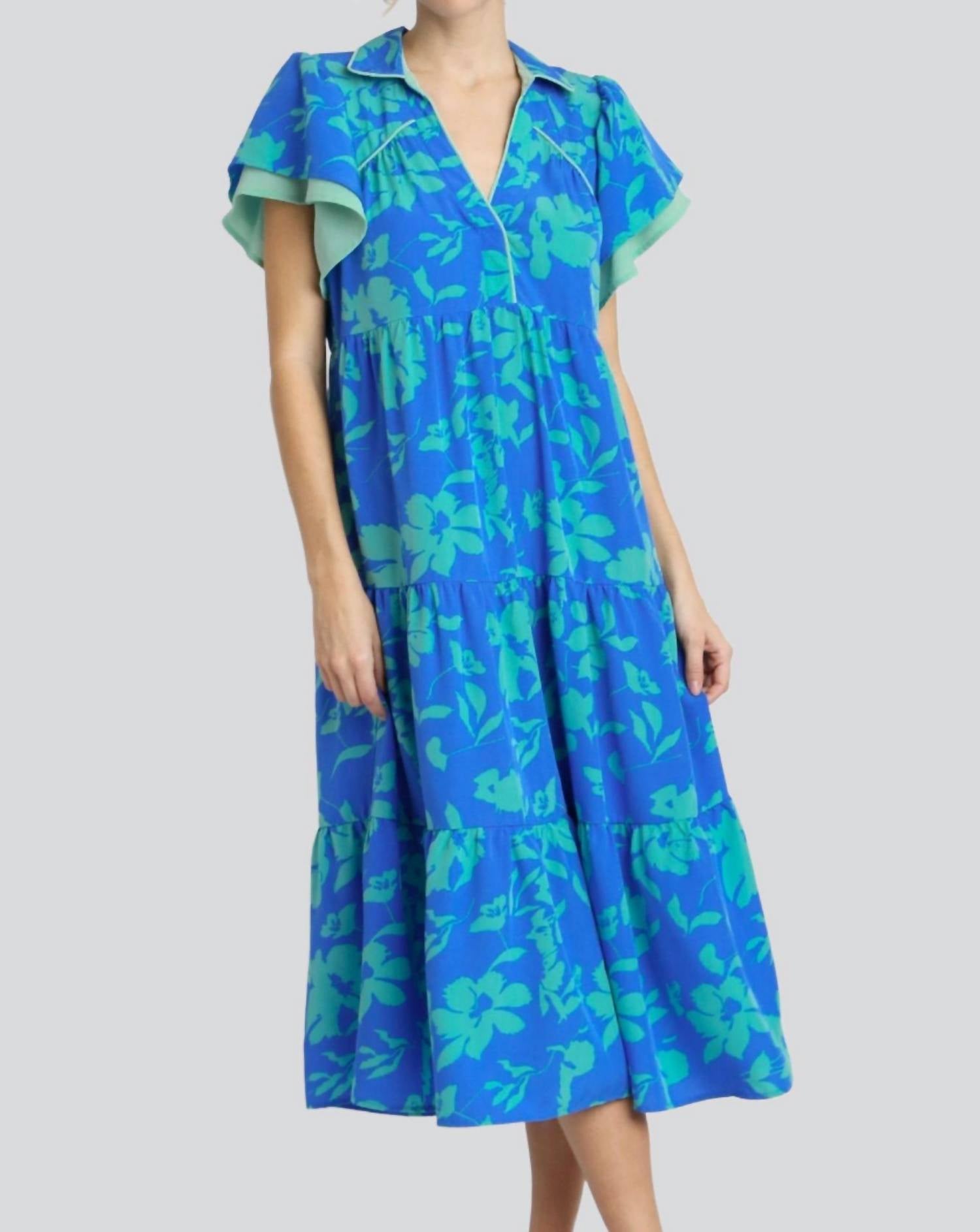 Umgee - Two Tone Floral Print Tiered Dress