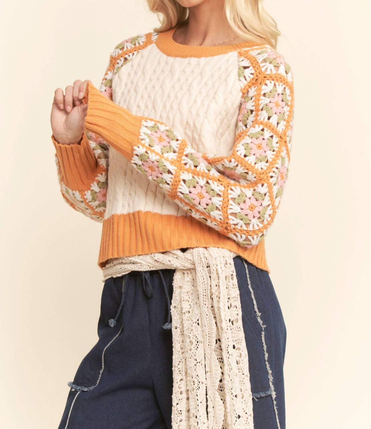 Davi & Dani - Cable Knit Ribbed Cuffs Sweater Top