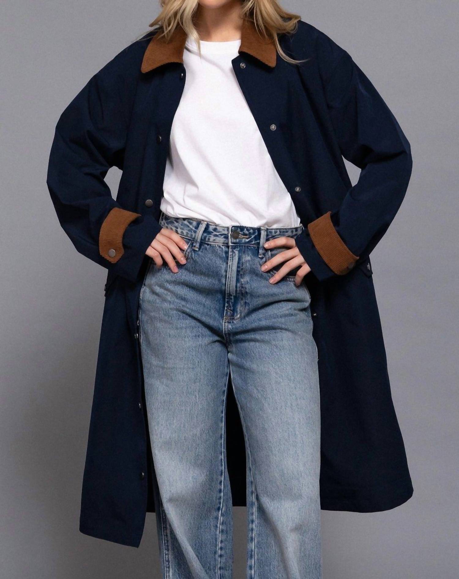 Active Basic - Long Sleeve Contrast Collar Button Down Trench Coat