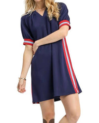 umgee Luxeknit Puff Sleeve Varsity Trim Dress in navy - women's dress