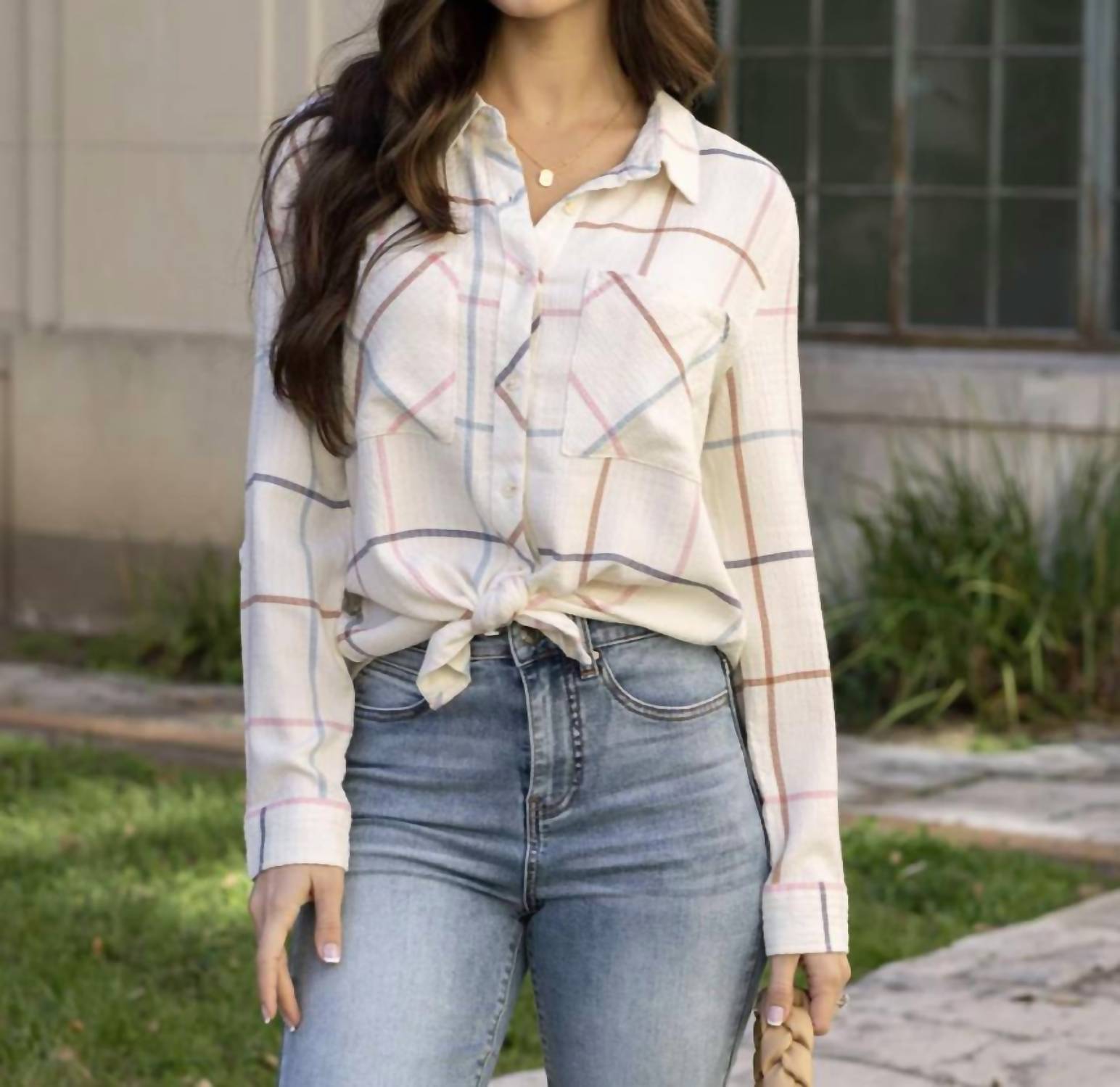 Grace and Lace Windowpane Button Up Top in multi - women's blouse
