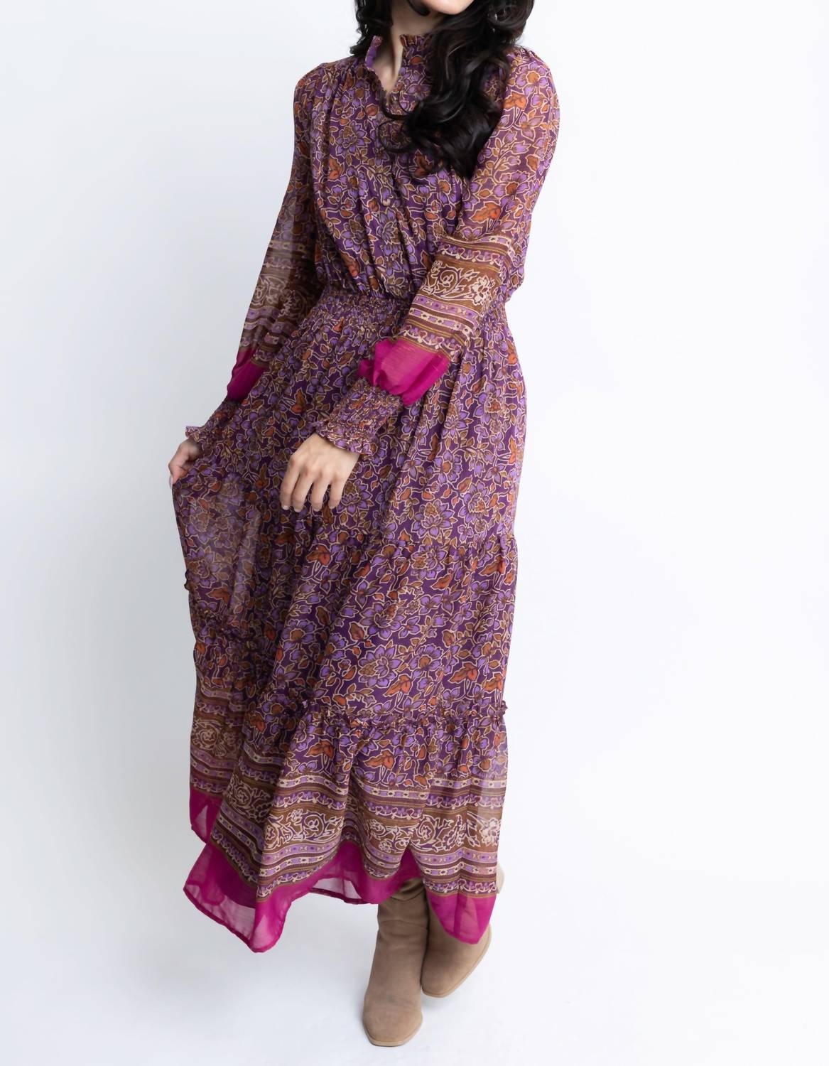 Karlie Floral Chiffon Metallic Maxi Dress in purple - women's dress - detail view
