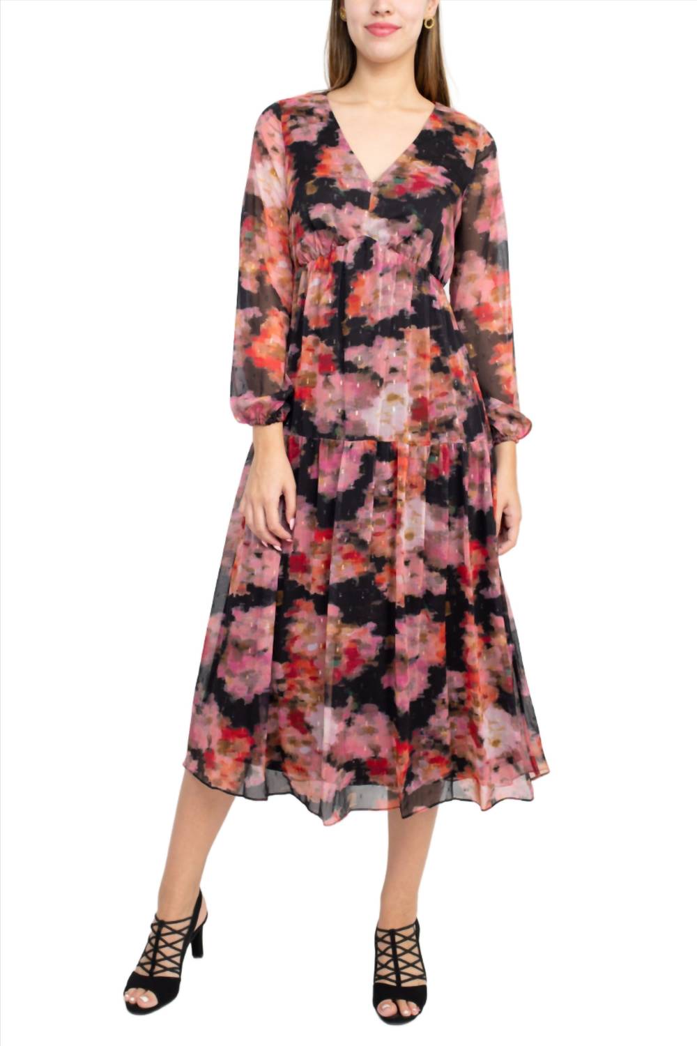 Adrianna Papell - Floral Print Empire Waist Tiered Chiffon Dress