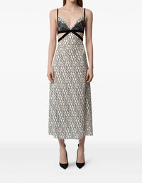 Nina Ricci - All-over Logo Print & Lace Insert Midi Dress With Fine Straps