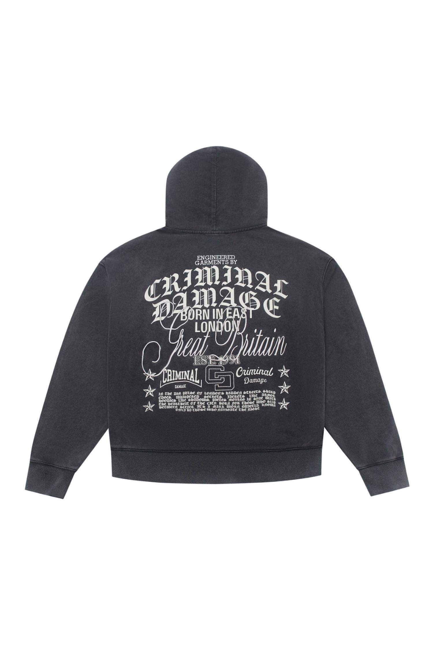 Criminal Damage Logo Mania Hoodie in washed grey - men's shirt - detail view