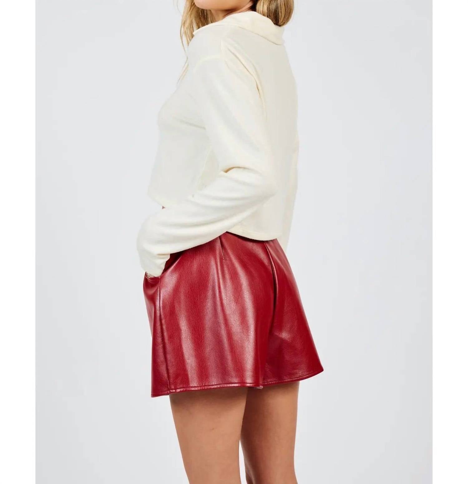 Sadie & Sage Night Vision Faux Leather Shorts in red - women's shorts - detail view