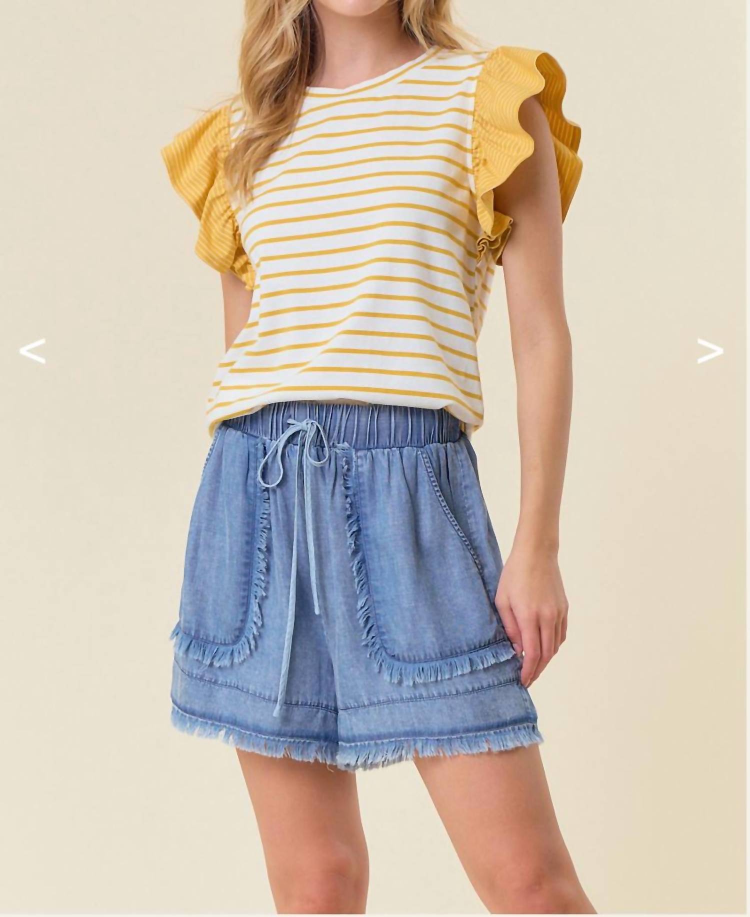 Doe and Rae Denim Fray Detail Shorts in light wash - women's shorts