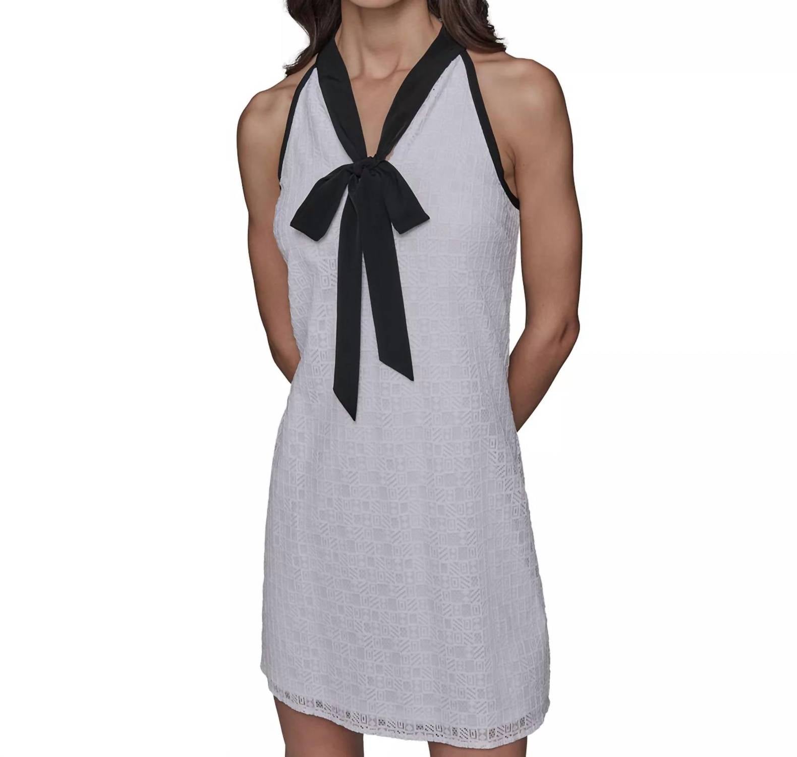 KARL LAGERFELD Geo-lace Tie-neck Shift Dress in soft white - women's dress - detail view