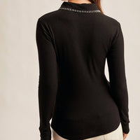 Hem & Thread Contrast Stitch Rib Top in black - women's long sleeve top - detail view